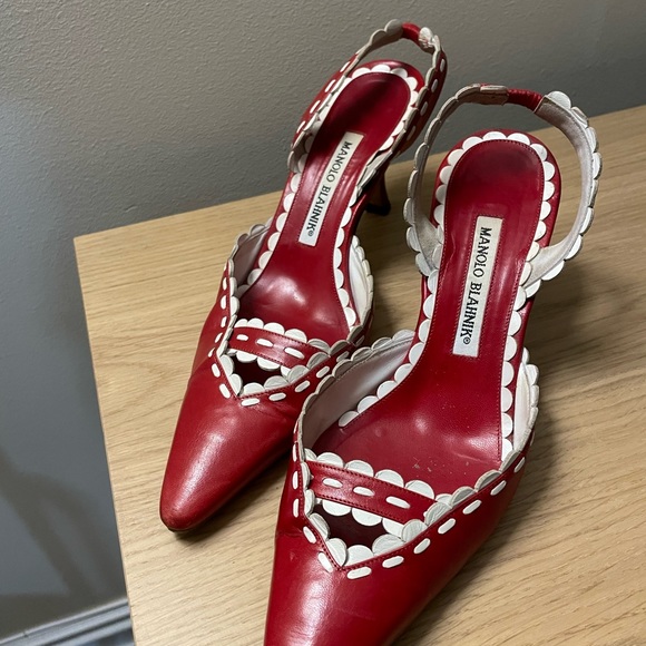 Manolo Blahnik Shoes - Manolo Blahnik Red and White Scallop Heels